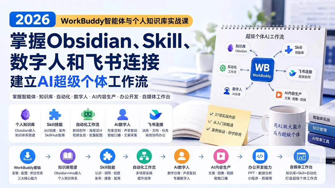 2026 WorkBuddy智能体与个人知识库实战课：掌握Obsidian、Skill、数字人和飞书连接，建立AI超级个体工作流-续财库