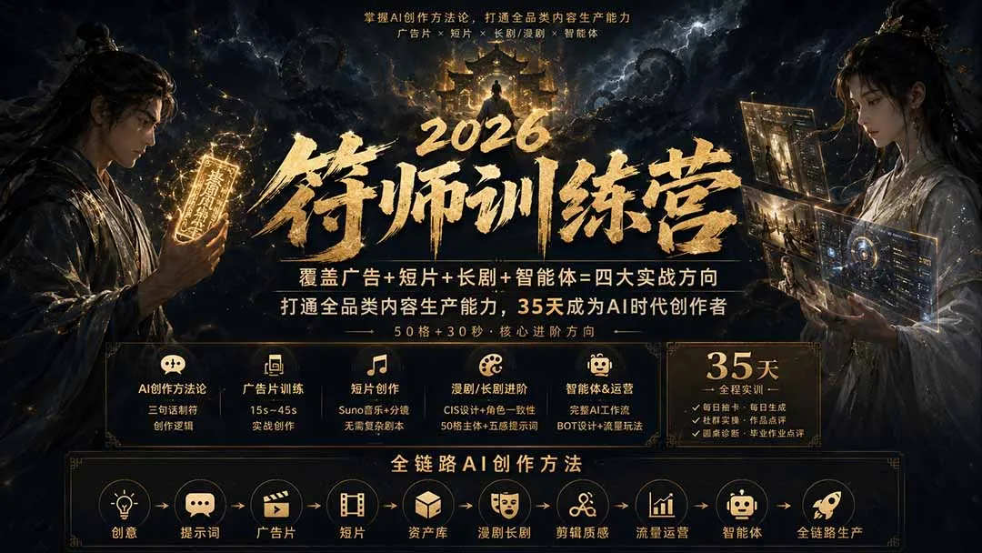 符师训练营-35天成为AI时代创作者，广告+短片+漫剧+智能体四大实战方向，掌握从创意到上线的完整工作流-续财库