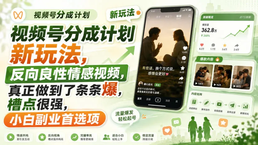 视频号分成计划新玩法,反向良性情感视频,真正做到了条条爆,槽点很强,小白副业首选项-续财库