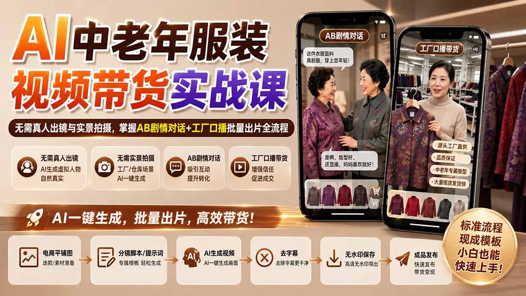 AI中老年服装视频带货实战课：无需真人出镜与实景拍摄，掌握AB剧情对话+工厂口播批量出片全流程-续财库