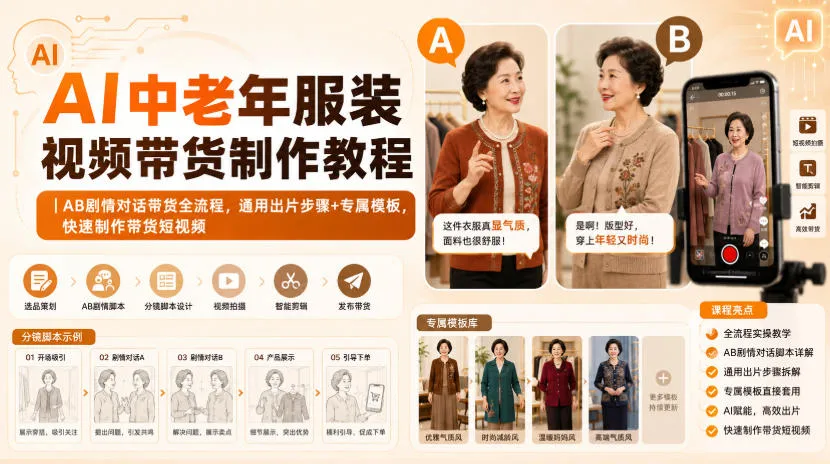AI中老年服装视频带货制作教程｜AB剧情对话带货全流程，通用出片步骤+专属模板，快速制作带货短视频-续财库