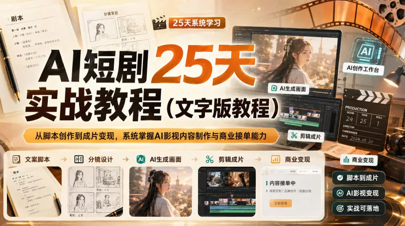 AI短剧25天实战教程(文字版教程),从脚本创作到成片变现,系统掌握AI影视内容制作与商业接单能力-续财库