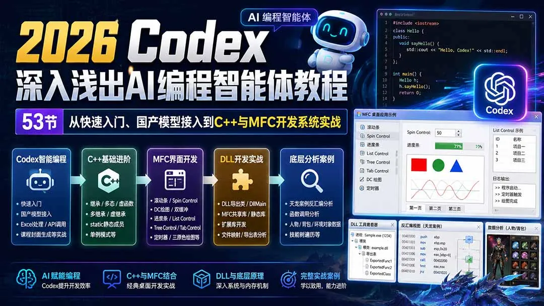 2026 Codex深入浅出AI编程智能体教程:53节从快速入门、国产模型接入到C++与MFC开发系统实战-续财库