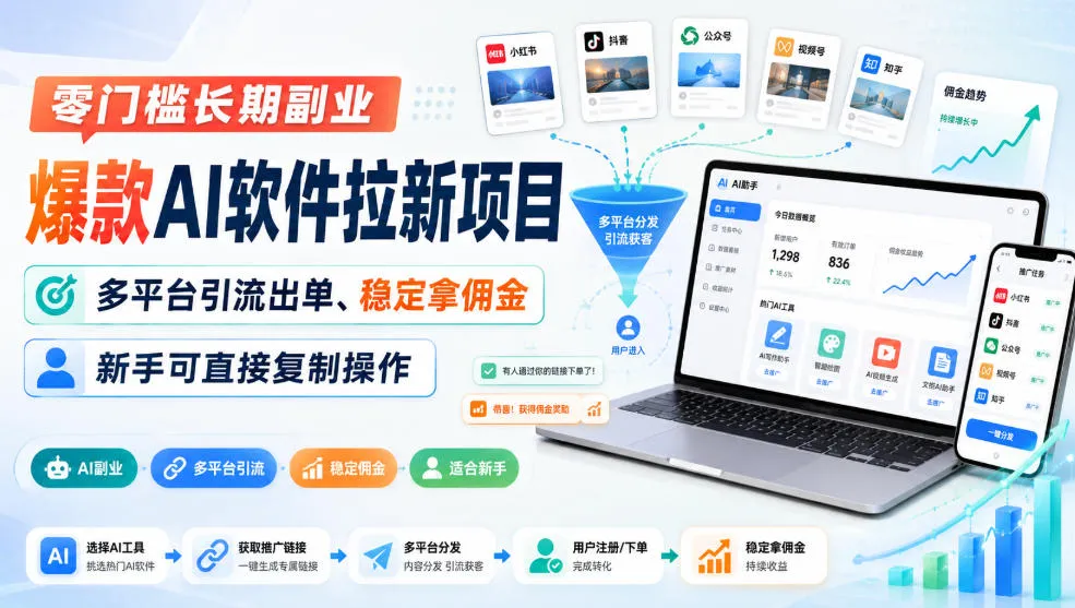 零门槛长期副业,爆款AI软件拉新项目,多平台引流出单、稳定拿佣金,新手可直接复制操作-续财库
