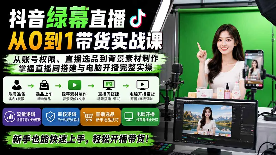 抖音绿幕直播从0到1带货实战课:从账号权限、直播选品到背景素材制作,掌握直播间搭建与电脑开播完整实操-续财库