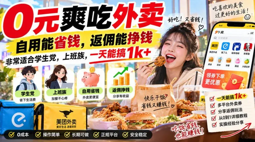 0元爽吃外卖,自用能省钱,返佣能挣钱,非常适合学生党,上班族,一天能搞1k+-续财库