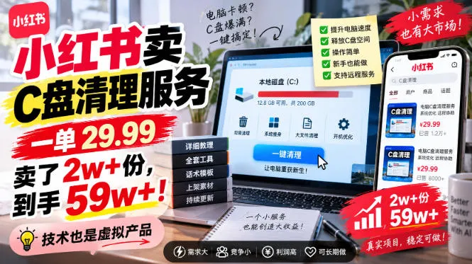 小红书卖C盘清理服务,一单29.99,卖了2w+份,技术也是虚拟产品-续财库