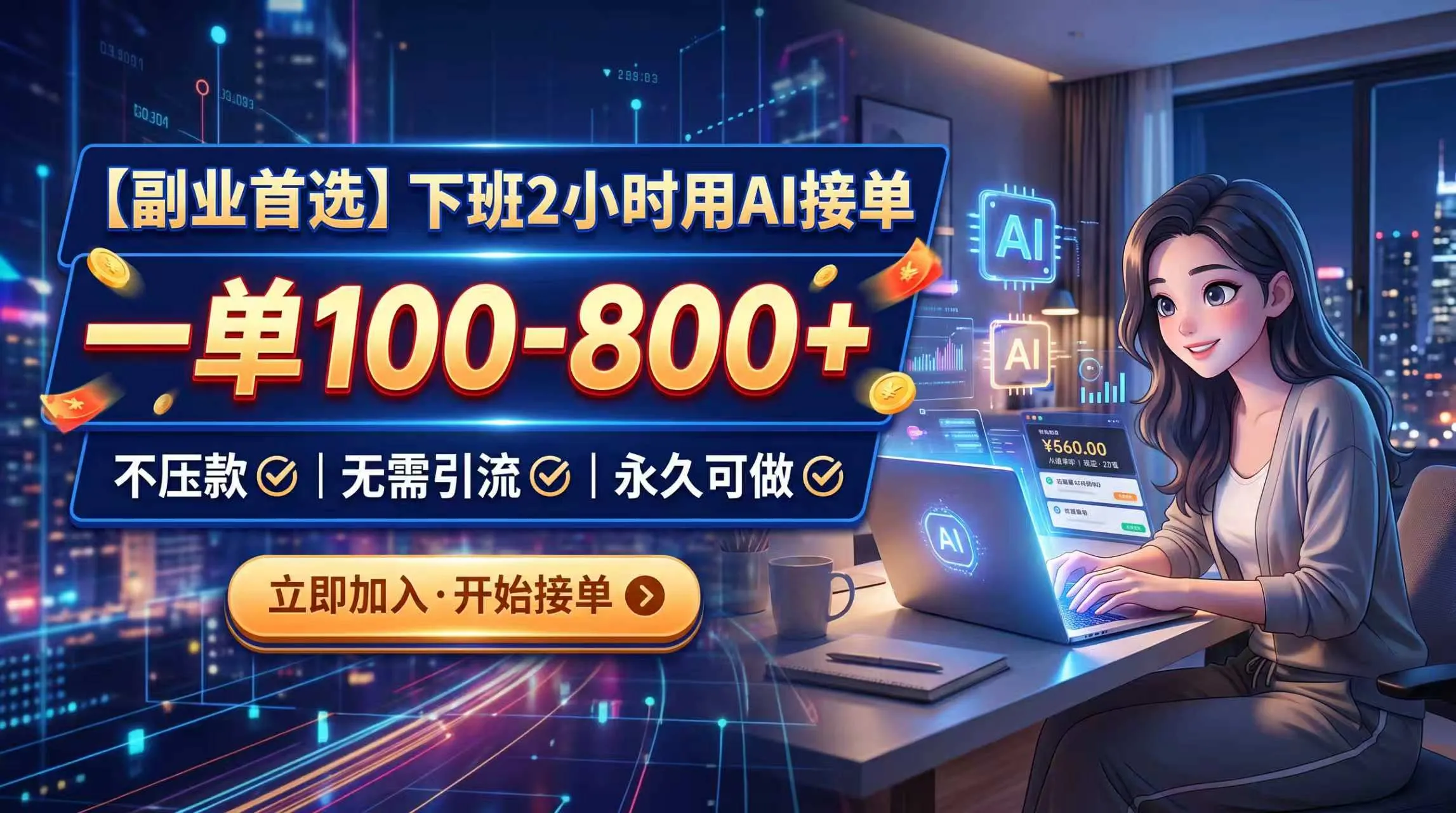 下班2小时用AI接单,一单100-800+,不压款,无需引流,永久可做-续财库