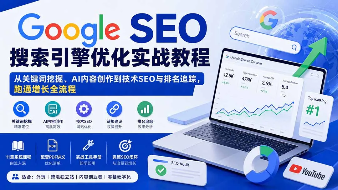 Google SEO搜索引擎优化实战教程:从关键词挖掘、AI内容创作到技术SEO与排名追踪,跑通增长全流程-续财库