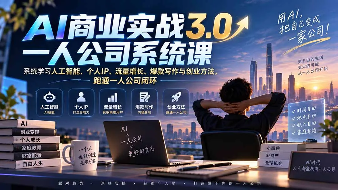AI商业实战3.0一人公司系统课:系统学习人工智能、个人IP、流量增长、爆款写作与创业方法,跑通一人公司闭环-续财库