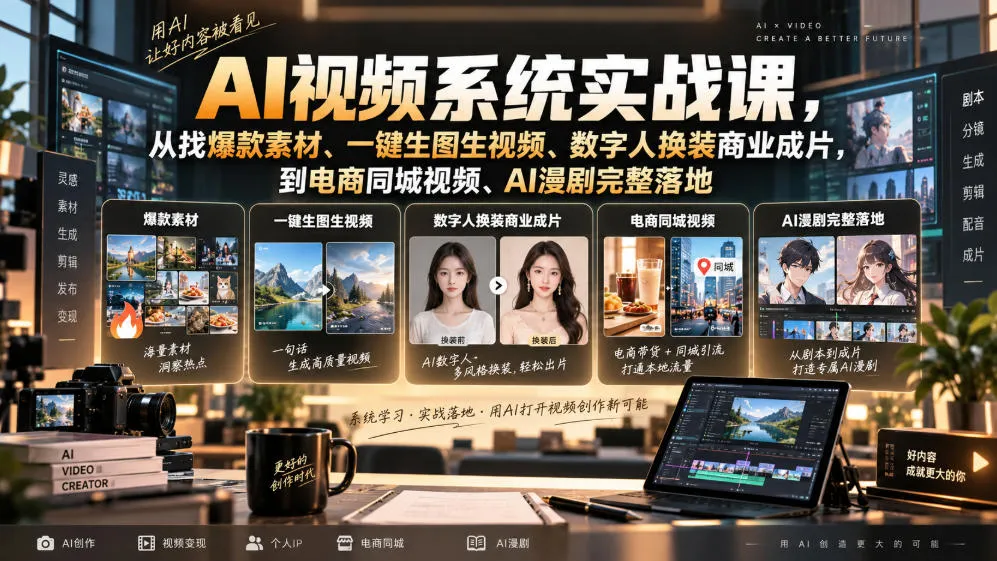 AI视频系统实战课，从找爆款素材、一键生图生视频、数字人换装商业成片，到电商同城视频、AI漫剧完整落地-续财库