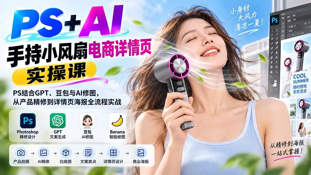 PS+AI手持小风扇电商详情页实操课:PS结合GPT、豆包与AI修图,从产品精修到详情页海报全流程实战-续财库