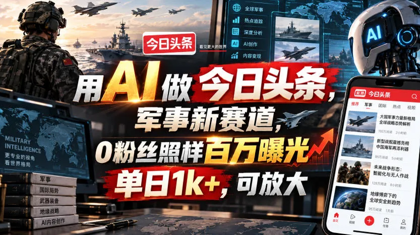 用AI做今日头条,军事新赛道,0粉丝照样百万曝光,单日1k+,可放大-续财库