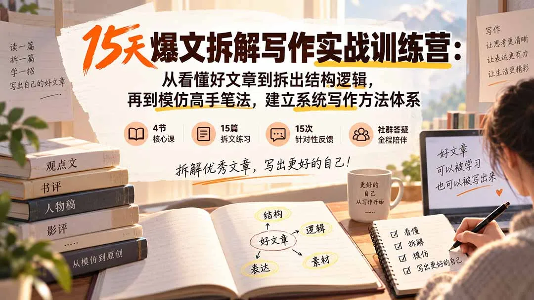 15天爆文拆解写作实战训练营:从看懂好文章到拆出结构逻辑,再到模仿高手笔法,建立系统写作方法体系-续财库