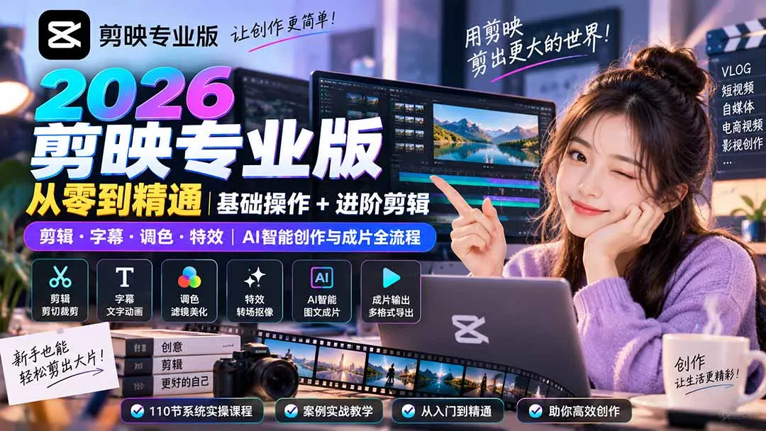 2026剪映专业版从零到精通|基础操作+进阶剪辑|剪辑·字幕·调色·特效|AI智能创作与成片全流程-续财库