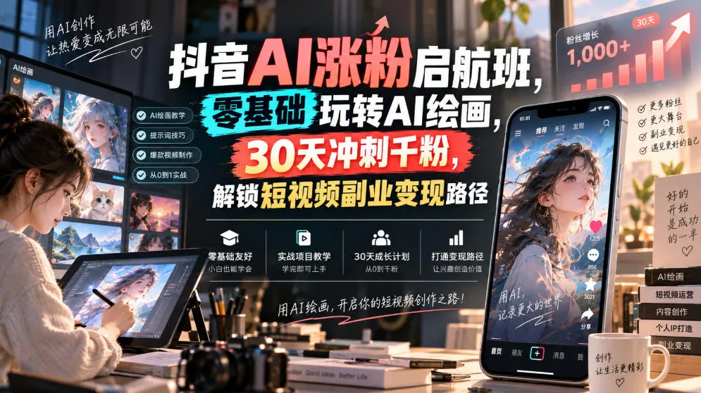 抖音AI涨粉启航班，零基础玩转AI绘画，30天冲刺千粉，解锁短视频副业变现路径-续财库