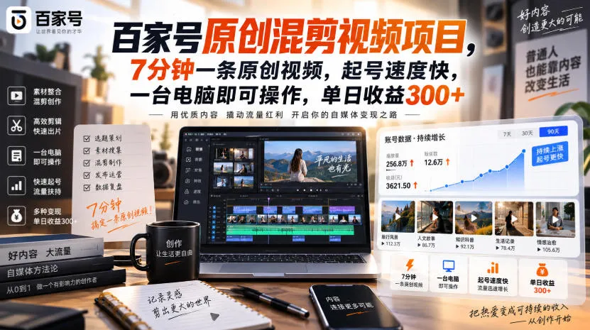 百家号原创混剪视频项目,7分钟一条原创视频,起号速度快,一台电脑即可操作,单日收益300+-续财库