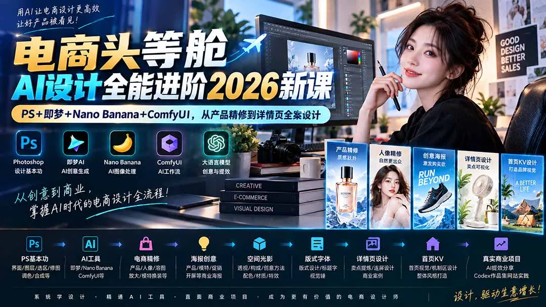 电商头等舱AI设计全能进阶2026新课:PS+即梦+Nano Banana+ComfyUI,从产品精修到详情页全案设计-续财库