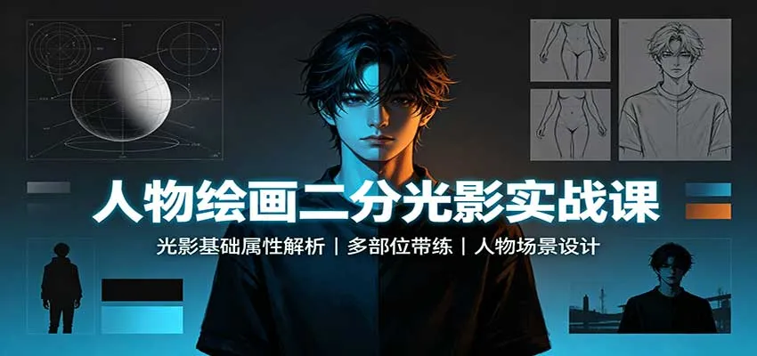 人物绘画二分光影实战课:光影基础属性解析,多部位带练,人物场景设计-续财库