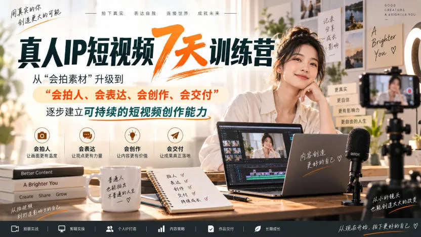 真人IP短视频7天训练营,从“会拍素材”升级到“会拍人、会表达、会创作、会交付”,逐步建立可持续的短视频创作能力-续财库