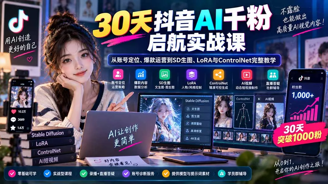 30天抖音AI千粉启航实战课:从账号定位、爆款运营到SD生图、LoRA与ControlNet完整教学-续财库