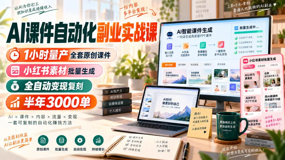 AI课件自动化副业实战课,1小时量产全套原创课件,小红书素材批量生成,全自动变现复刻,半年3000单-续财库