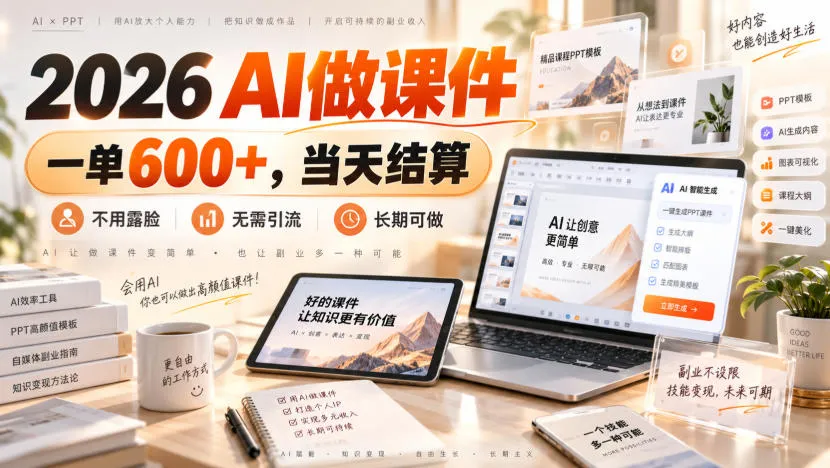 2026 AI做课件,一单600+,当天结算,不用露脸,无需引流,长期可做【揭秘】-续财库
