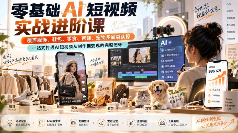 零基础AI短视频实战进阶课,覆盖服饰、鞋包、零食、首饰、宠物多品类实操,一站式打通AI短视频从制作到变现的完整闭环-续财库
