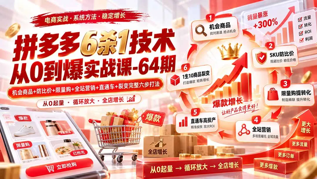 拼多多6杀1技术从0到爆实战课-64期：机会商品+防比价+限量购+全站营销+直通车+裂变完整六步打法-续财库
