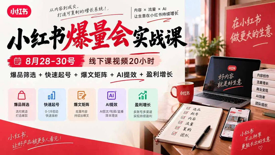 小红书爆量会实战课：8月28-30号线下课视频20小时，爆品筛选+快速起号+爆文矩阵+AI提效+盈利增长-续财库