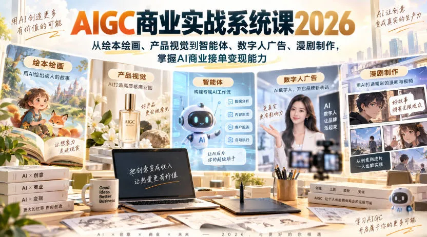 AIGC商业实战系统课2026,从绘本绘画、产品视觉到智能体、数字人广告、漫剧制作,掌握AI商业接单变现能力-续财库