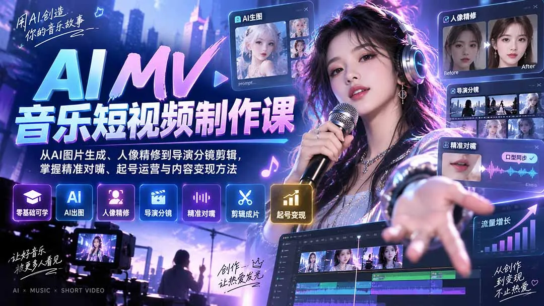 AI MV音乐短视频制作课：从AI图片生成、人像精修到导演分镜剪辑，掌握精准对嘴、起号运营与内容变现方法-续财库
