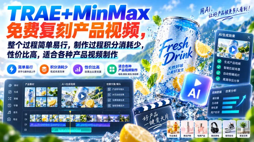 TRAE+MinMax免费复刻产品视频,整个过程简单易行,制作过程积分消耗少,性价比高,适合各种产品视频制作-续财库