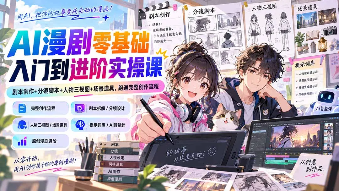 AI漫剧零基础入门到进阶实操课：剧本创作+分镜脚本+人物三视图+场景道具，跑通完整创作流程-续财库