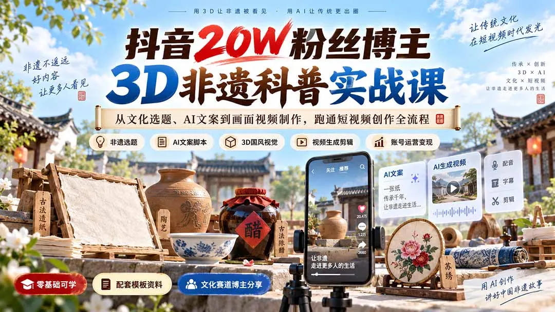 抖音20W粉丝博主3D非遗科普实战课:从文化选题、AI文案到画面视频制作,跑通短视频创作全流程-续财库