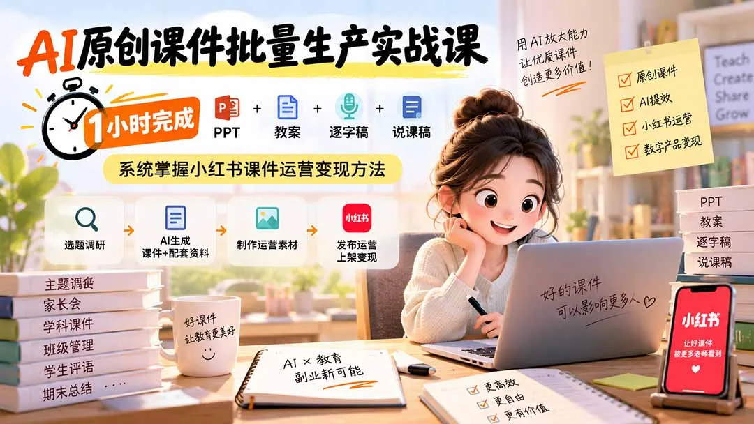 AI原创课件批量生产实战课：1小时完成PPT+教案+逐字稿+说课稿，系统掌握小红书课件运营变现方法-续财库