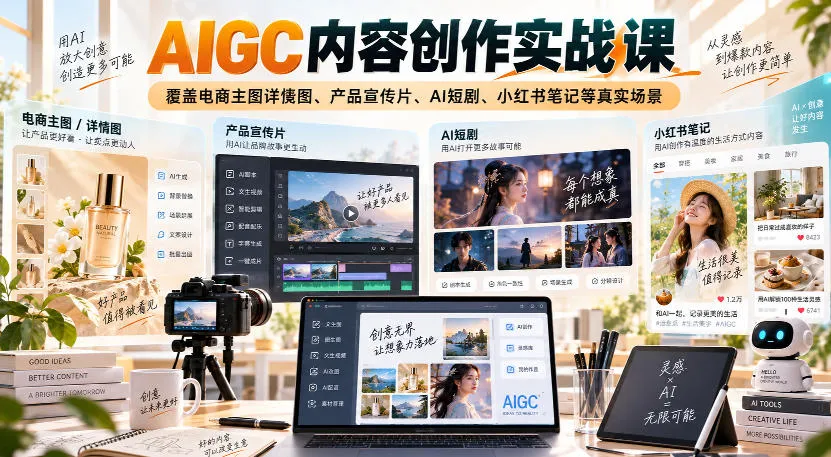 AIGC内容创作实战课，覆盖电商主图详情图、产品宣传片、AI短剧、小红书笔记等真实场景-续财库