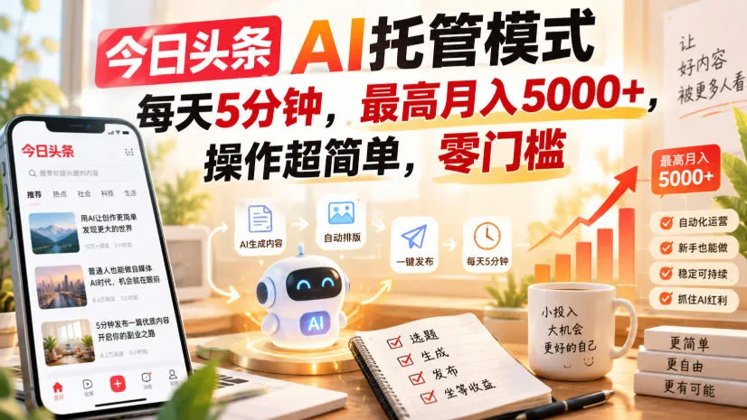 今日头条AI托管模式,每天5分钟,最高月入5000+,操作超简单,零门槛【揭秘】-续财库