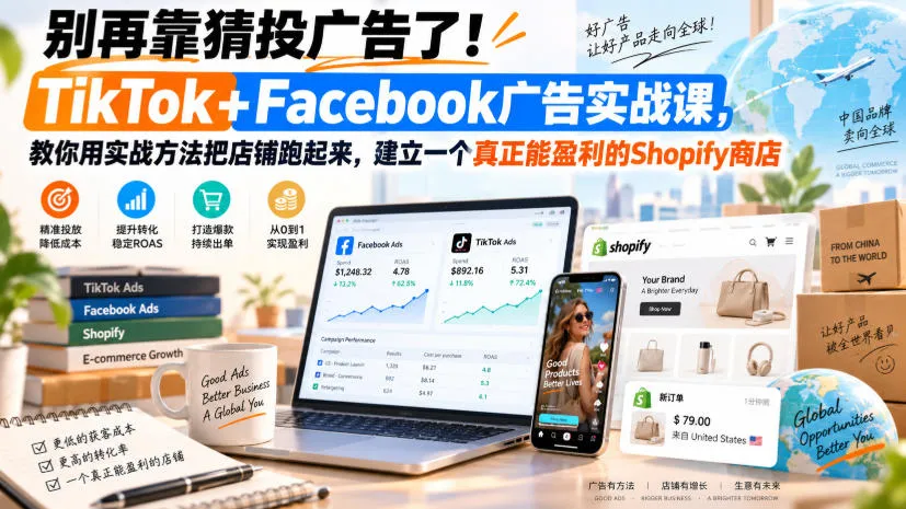 别再靠猜投广告了！TikTok+Facebook广告实战课，教你用实战方法把店铺跑起来，建立一个真正能盈利的Shopify商店【原创双语字幕】-续财库