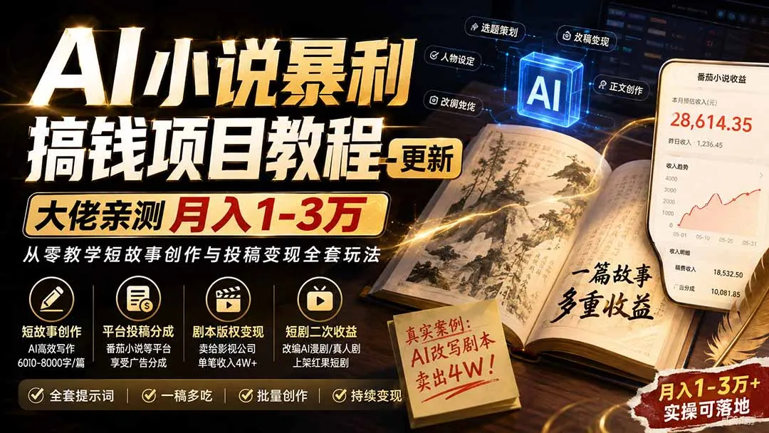 AI小说短故事暴利搞钱项目教程-更新，大佬亲测月入1-3万，从零教学短故事创作与投稿变现全套玩法-续财库