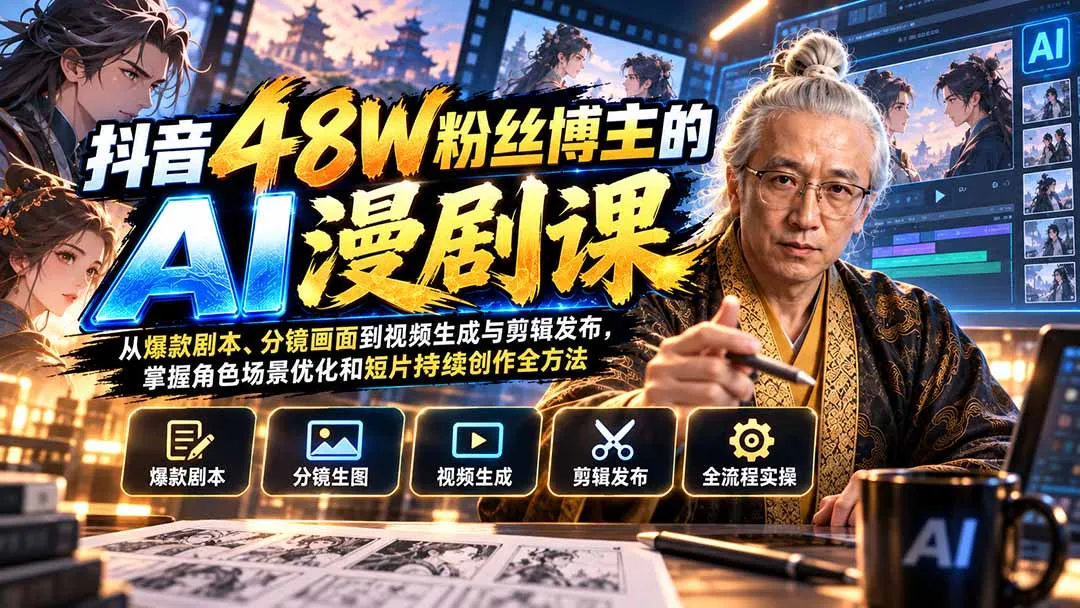抖音48W粉丝博主的AI漫剧课：从爆款剧本、分镜画面到视频生成与剪辑发布，掌握角色场景优化和短片持续创作全方法-续财库