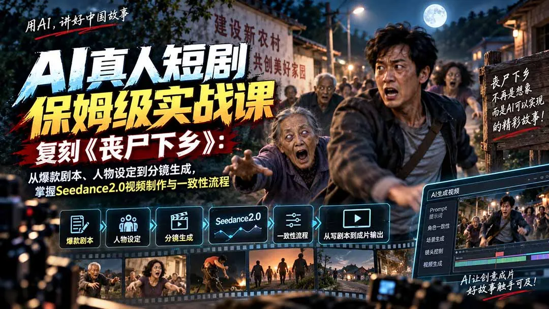AI真人短剧保姆级实战课，复刻《丧尸下乡》：从爆款剧本、人物设定到分镜生成，掌握Seedance2.0视频制作与一致性流程-续财库