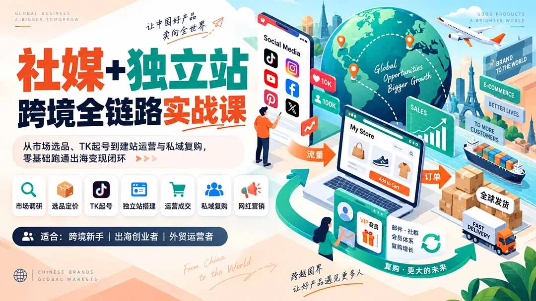 社媒+独立站跨境全链路实战课：从市场选品、TK起号到建站运营与私域复购，零基础跑通出海变现闭环-续财库