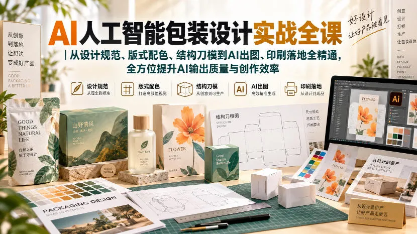 AI人工智能包装设计实战全课｜从设计规范、版式配色、结构刀模到AI出图、印刷落地全精通-续财库
