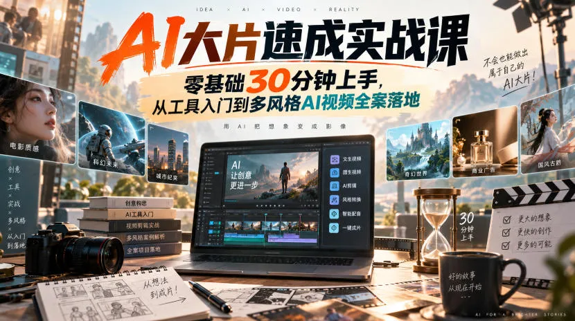 AI大片速成实战课|零基础30分钟上手,从工具入门到多风格AI视频全案落地-续财库