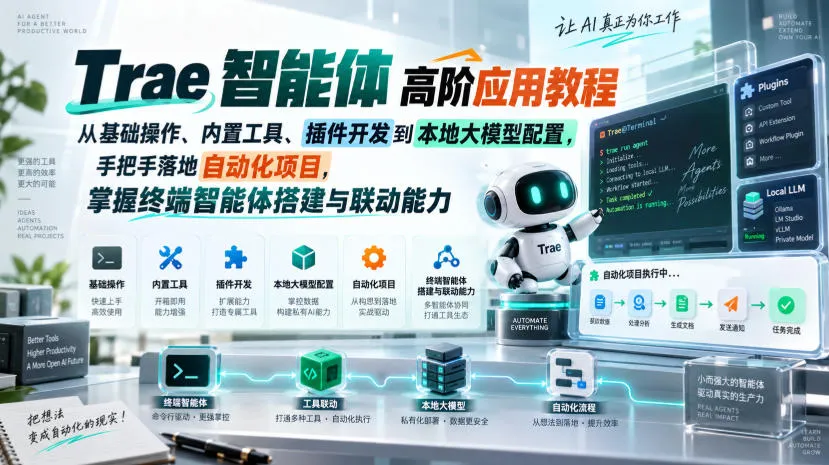 Trae智能体高阶应用教程,从基础操作、内置工具、插件开发到本地大模型配置,手把手落地自动化项目-续财库