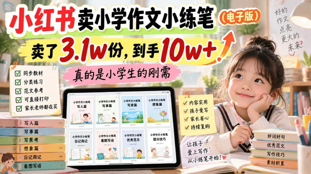 小红书卖小学作文小练笔(电子版),卖了3.1w份,到手10w+,真的是小学生的刚需-续财库