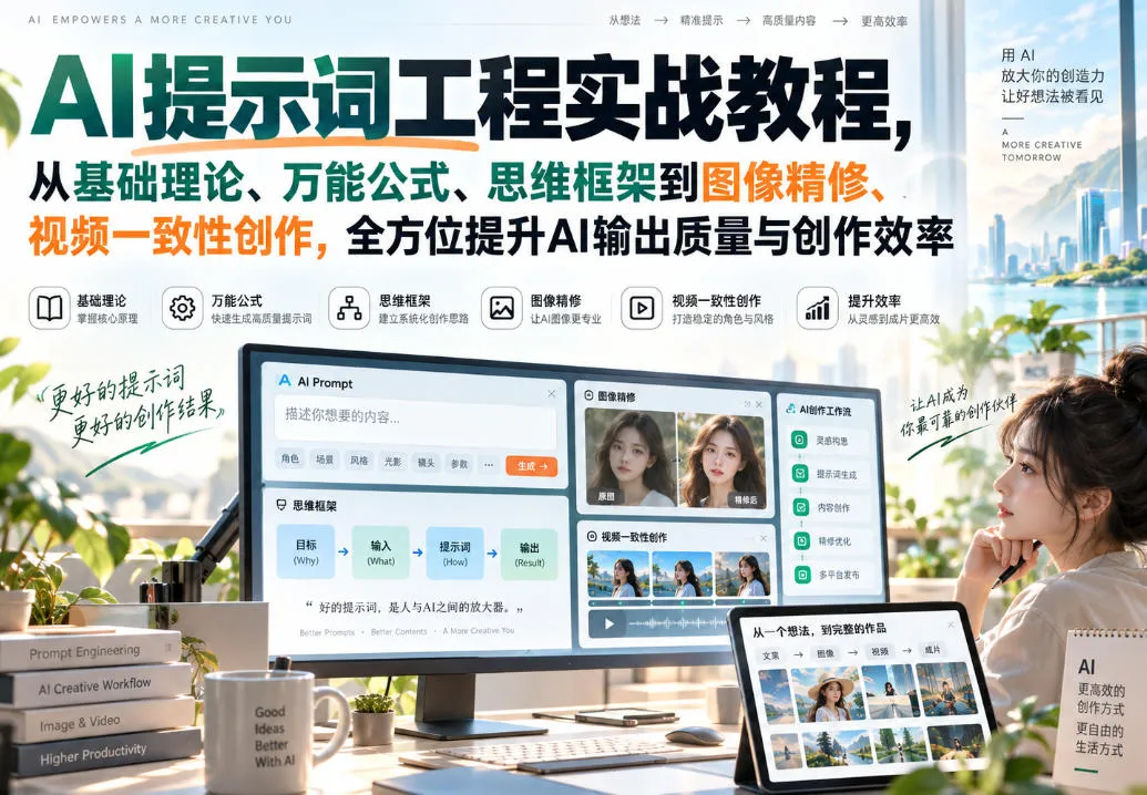 AI提示词工程实战教程,从基础理论、万能公式、思维框架到图像精修、视频一致性创作,全方位提升AI输出质量与创作效率-续财库