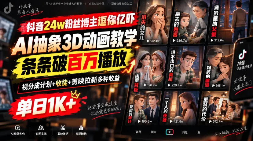抖音24w粉丝博主逗你亿吓AI抽象3D动画教学，条条破百万播放，分成计划+收徒+剪映拉新多种收益，单日1K+-续财库