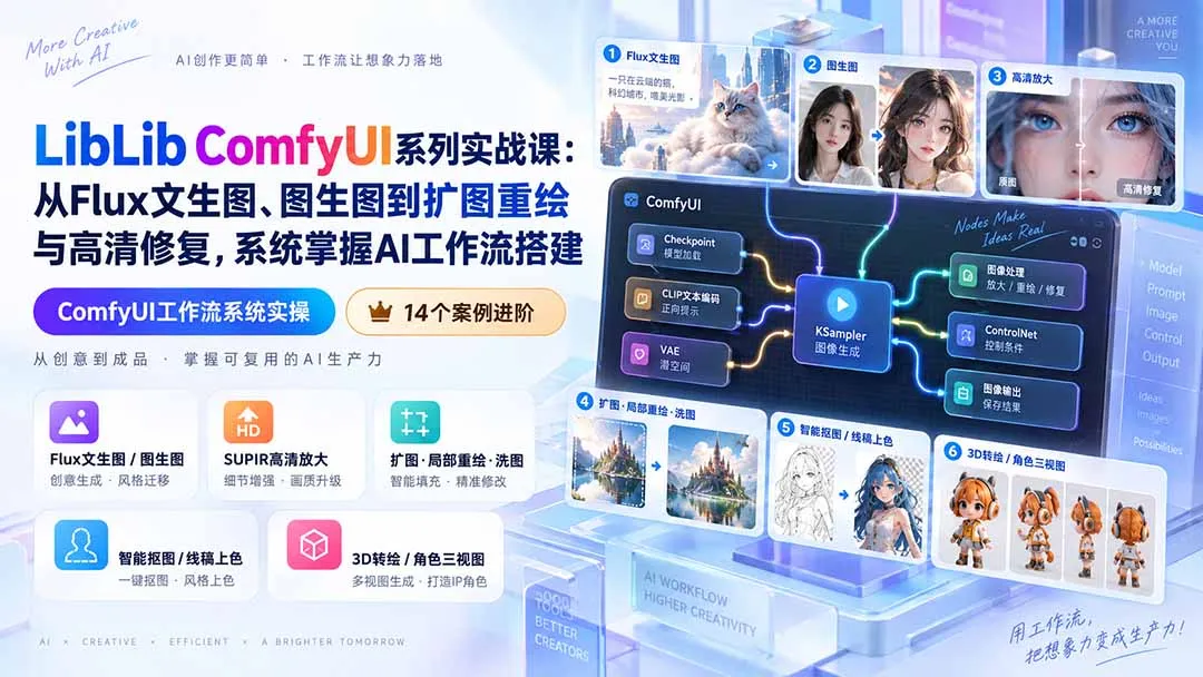 LibLib ComfyUI系列实战课:从Flux文生图、图生图到扩图重绘与高清修复,系统掌握AI工作流搭建-续财库